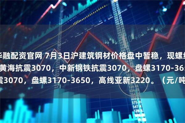 华融配资官网 7月3日沪建筑钢材价格盘中暂稳，现螺纹3000-3130，联鑫黄海抗震3070，中新钢铁抗震3070，盘螺3170-3650，高线亚新3220。（元/吨）